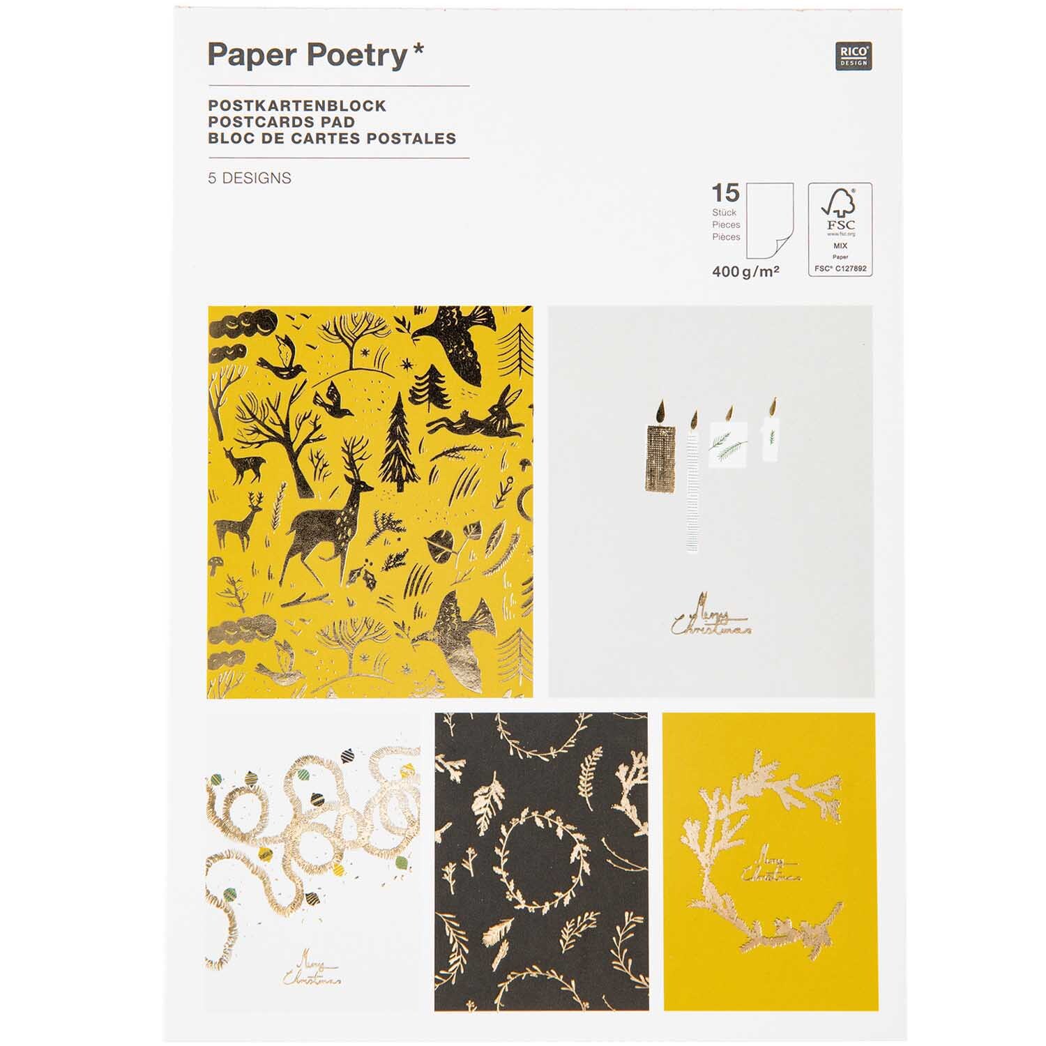 Paper Poetry Postkartenblock Nostalgic Christmas schwarz-gold 12,5x17,6cm