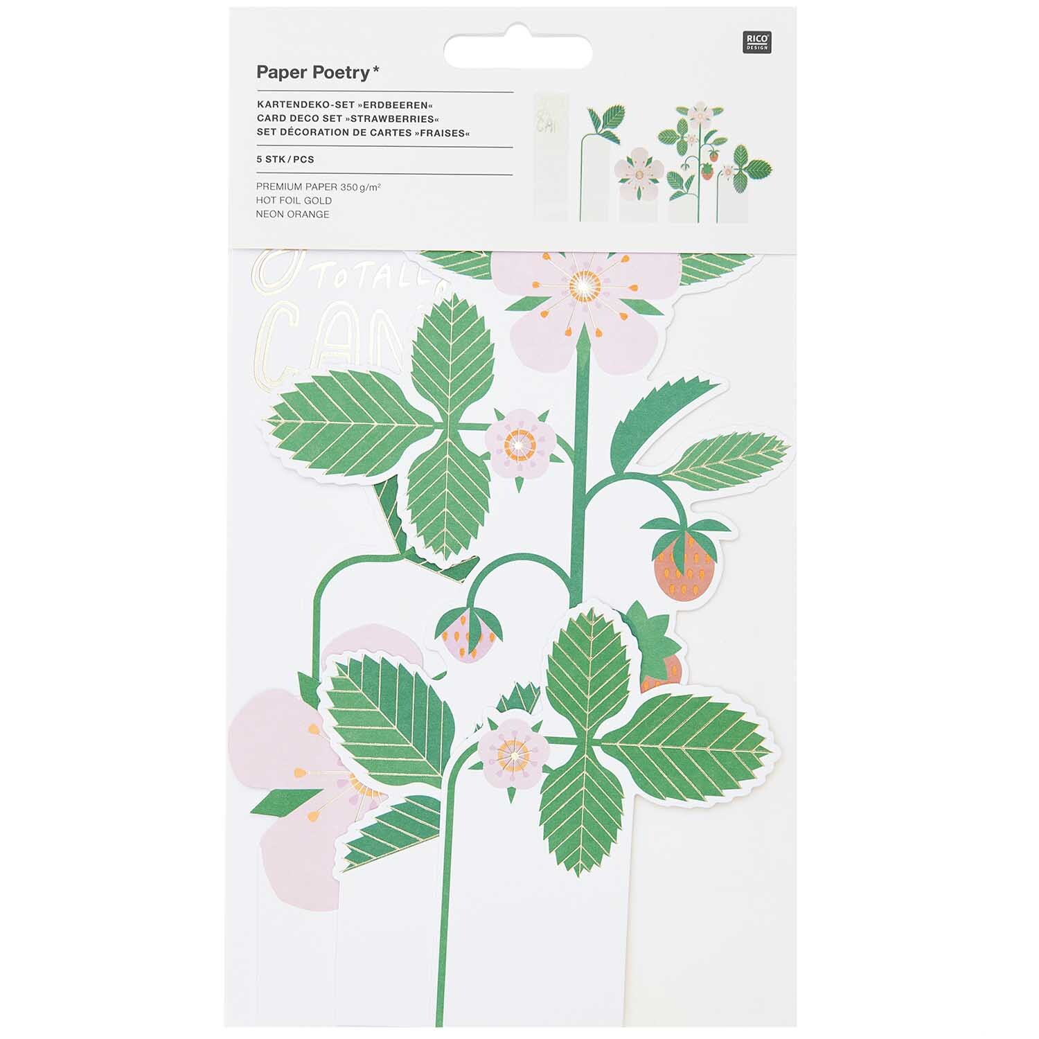 Paper Poetry Kartendeko-Set Erdbeeren & Blüten 5 Stück 350g/m²