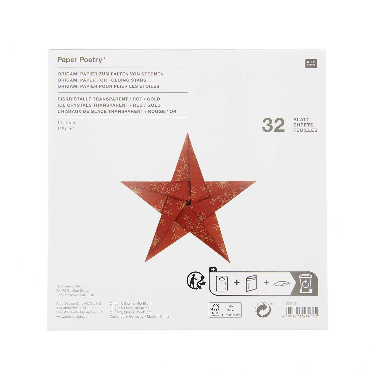 Paper Poetry Origami Transparentpapier Schneeflocken rot 32 Blatt