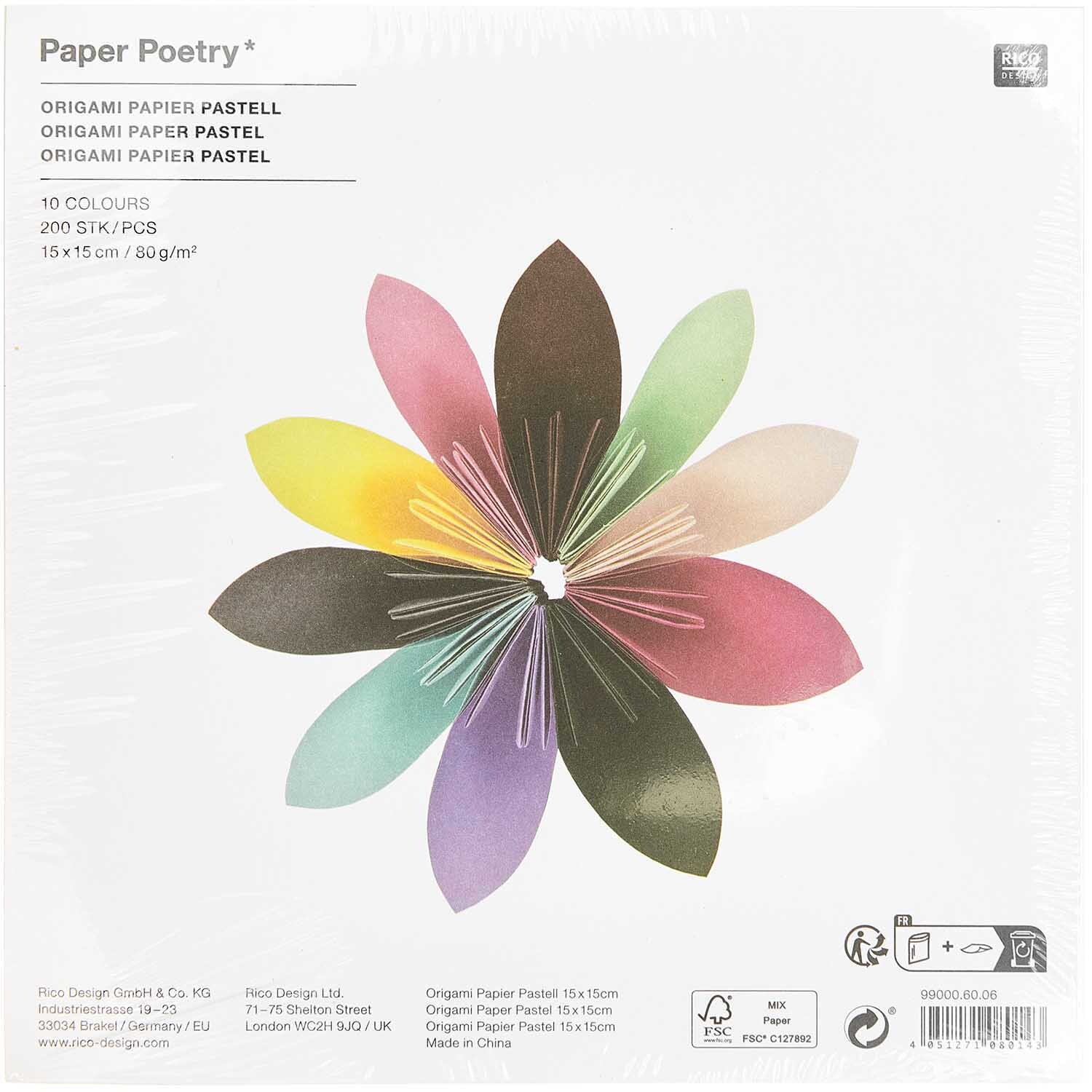 Paper Poetry Origami pastell 15x15cm 200 Blatt 10 Farben