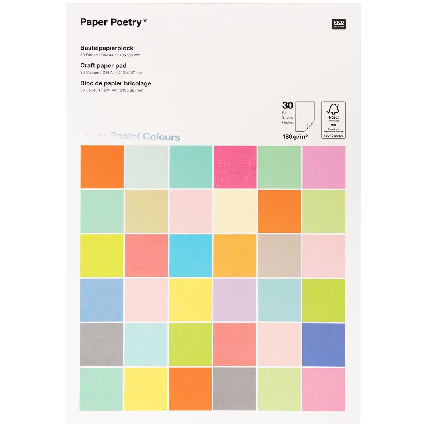 Paper Poetry Bastelblock Super Pastel Colours A4 180g/m² 30 Blatt