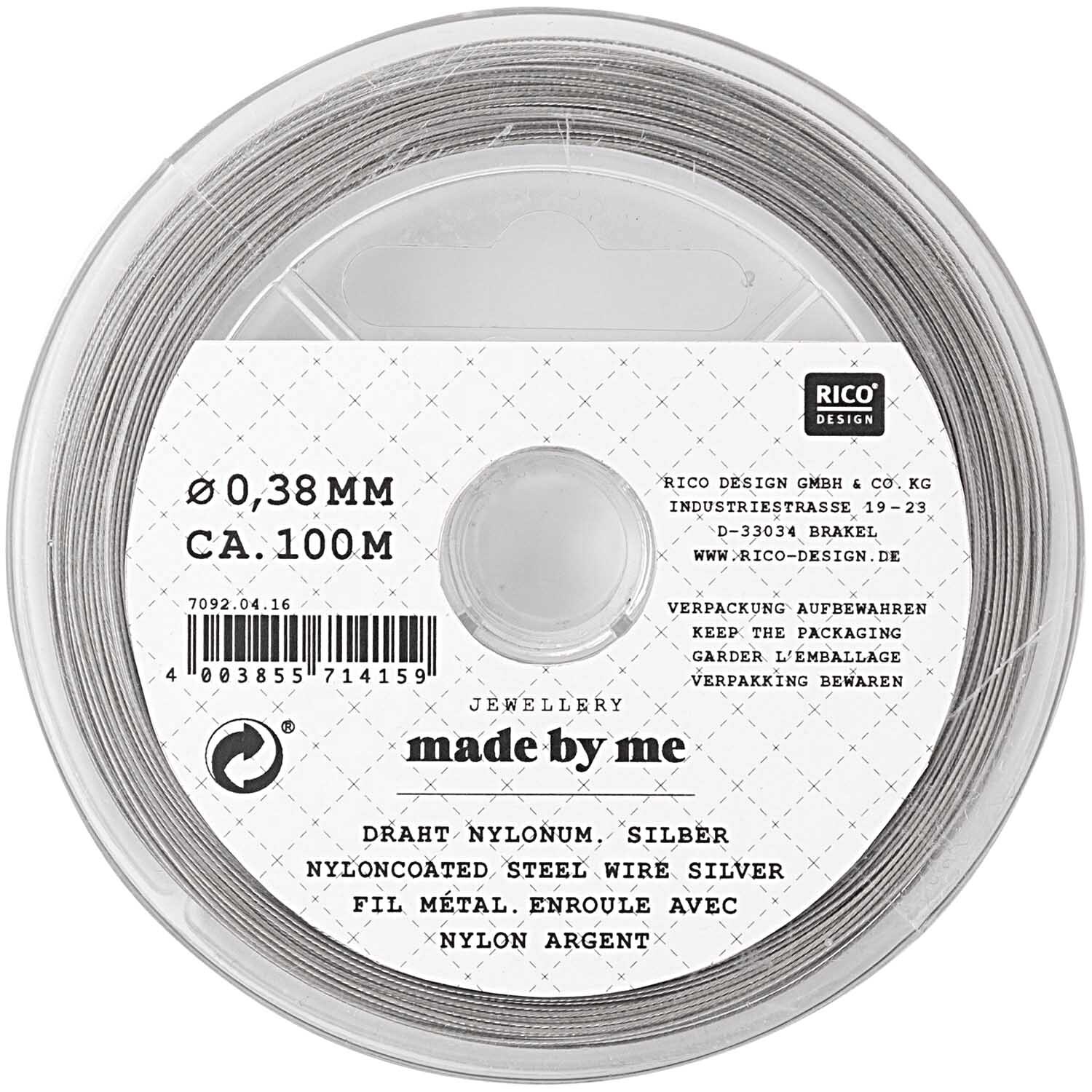 Draht silber 0,38mm 100m Nylonummantelt