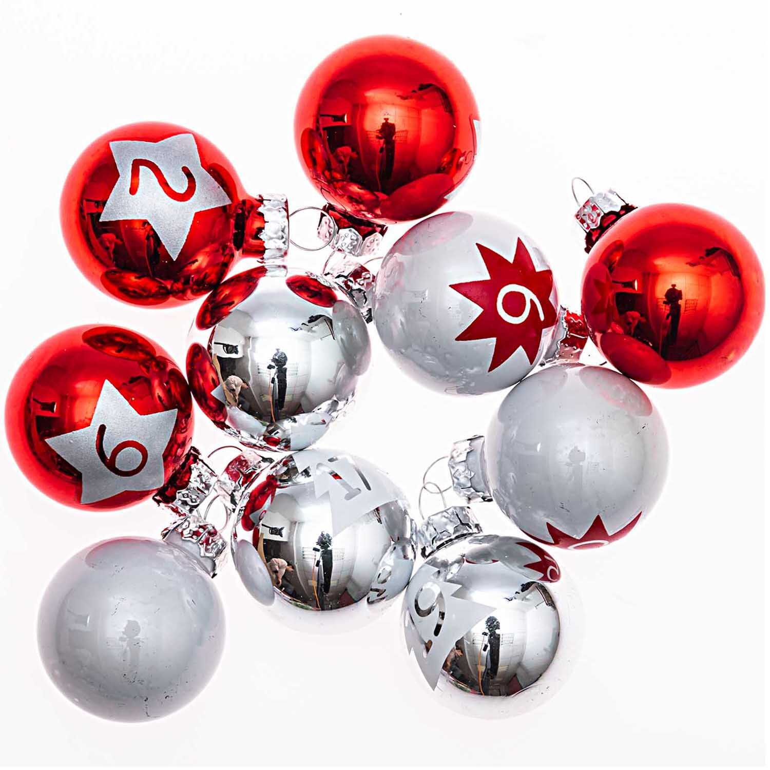 Adventskalenderkugeln 1-24 rot-silber-weiß 3,5cm 24 Stück