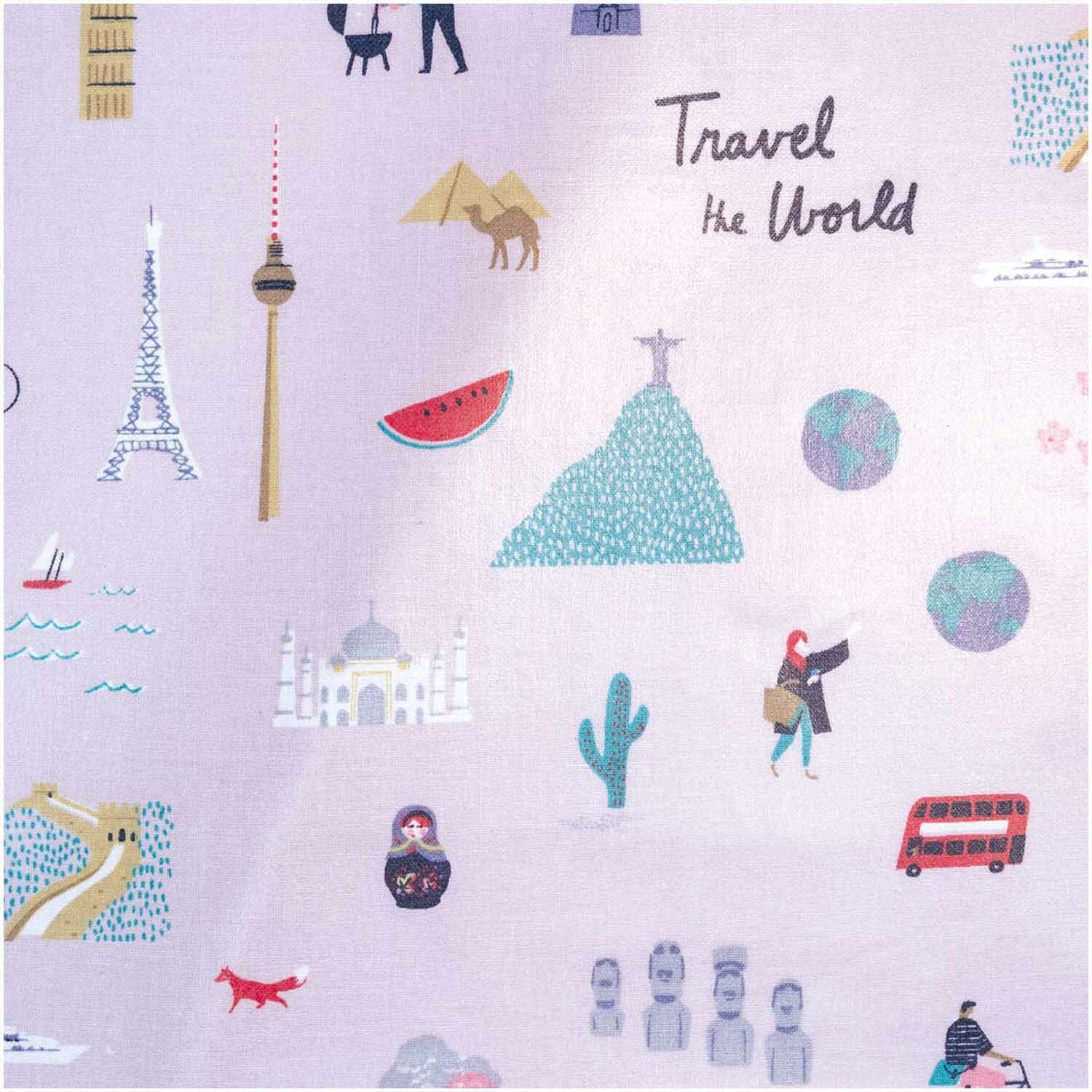 Druckstoff Travel the World flieder 25x70cm beschichtet