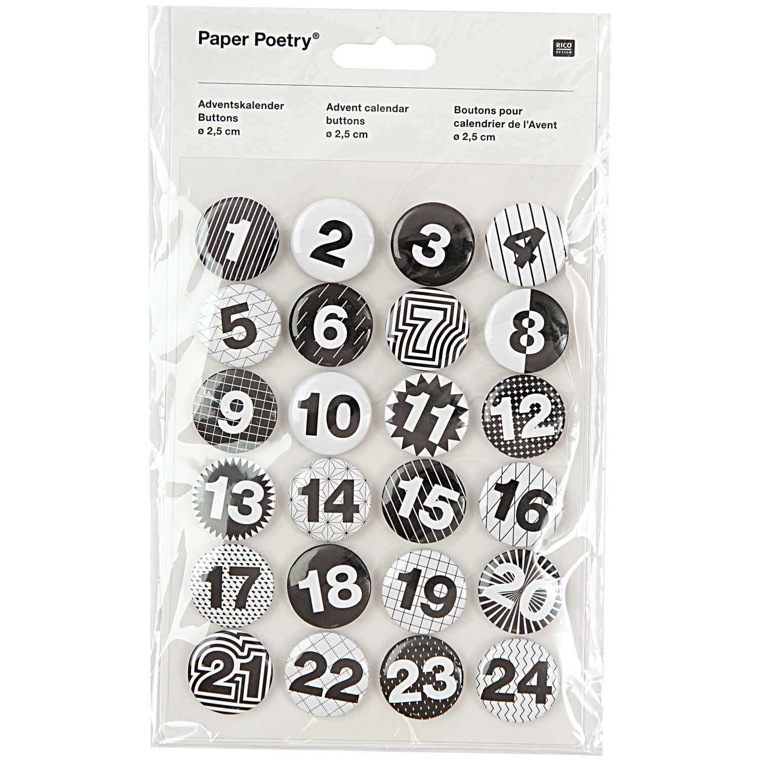 Paper Poetry Adventskalender Zahlen Buttons schwarz-weiß 2,5cm 24 Stück