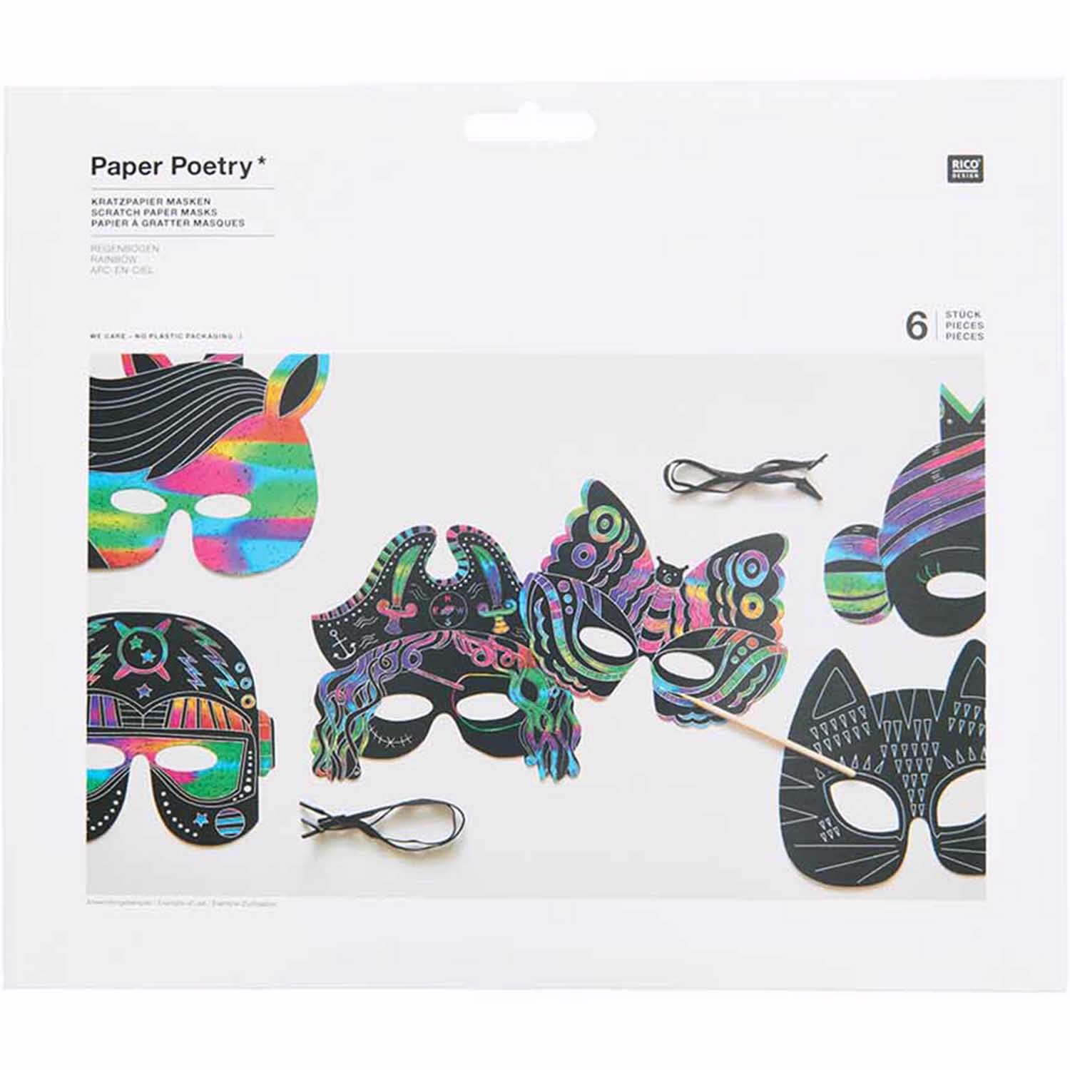 Paper Poetry Kratzpapier Masken Set 6 Stück mit Holzkratzer